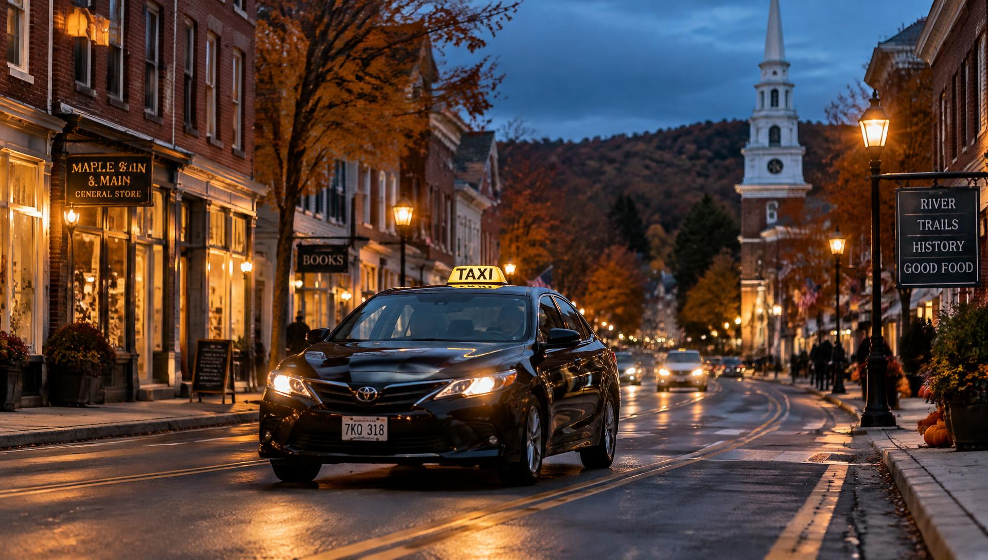 Wise Way Taxi on Main Street in Keene at dusk